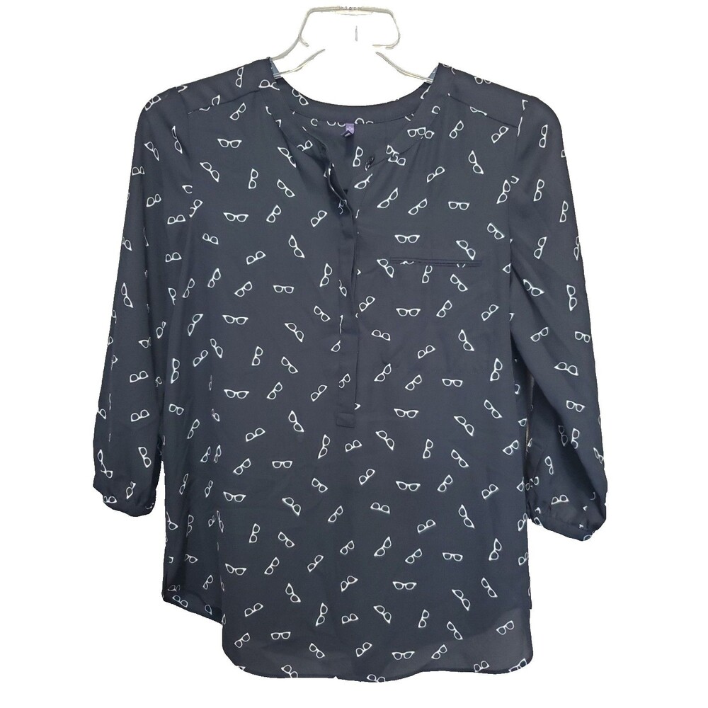 NYDJ Black Eyeglasses Novelty Print Pleated Back Half-Placket Tunic Size Medium